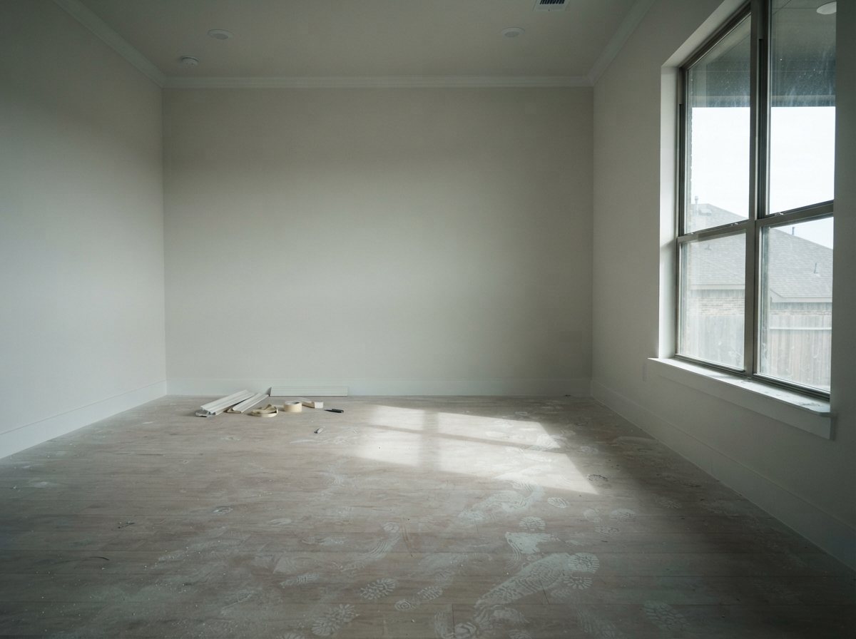 El mismo salón de obra nueva del panel LISTO, en el estado en que lo reciben: polvo fino de construcción sobre el piso nuevo y el alféizar, huellas de calzado en el suelo, un par de recortes de moldura y restos de cinta en un rincón, sin muebles montados todavía; nadie en el encuadre. Mismo punto de vista, misma distancia y mismo ventanal que el panel LISTO.