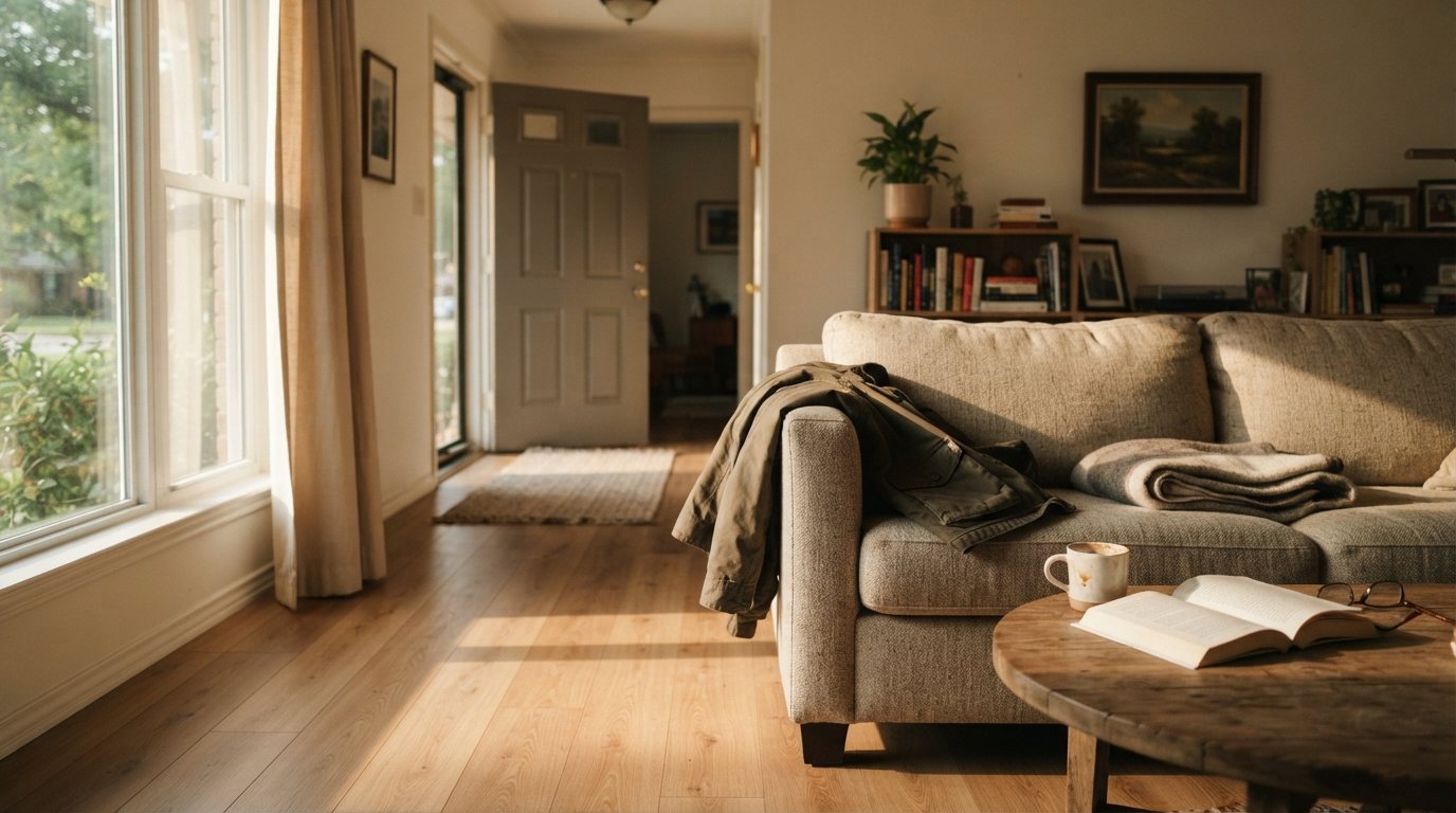 El mismo salón entregado, ahora en uso a primera hora: cortina descorrida, mesa con un vaso y un libro abierto, una chaqueta en el respaldo del sofá, piso limpio con la luz de la mañana cruzándolo en diagonal; la puerta de entrada abierta al fondo. Encuadre ancho, sin nadie de espaldas ni recortado por el borde.