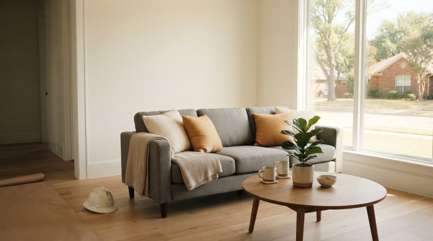 Salón de una casa de obra nueva recién terminada y montada en el norte de Texas: piso de madera clara sin una mota, rodapié y marcos nuevos limpios, ventanal de cristal impecable, sofá con cojines cuadrados, una manta doblada en el brazo, planta y dos tazas en la mesa de centro; junto a la puerta, apoyados, un casco de obra y un rollo de protección de piso enrollado como único rastro de que ayer esto era una obra. Encuadre medio-ancho a la altura del pecho, con el sofá y el ventanal ocupando el marco desde el 15% superior hacia abajo, sin techo ni cielo vacío arriba, luz natural de media mañana entrando lateralmente, sombras suaves.
