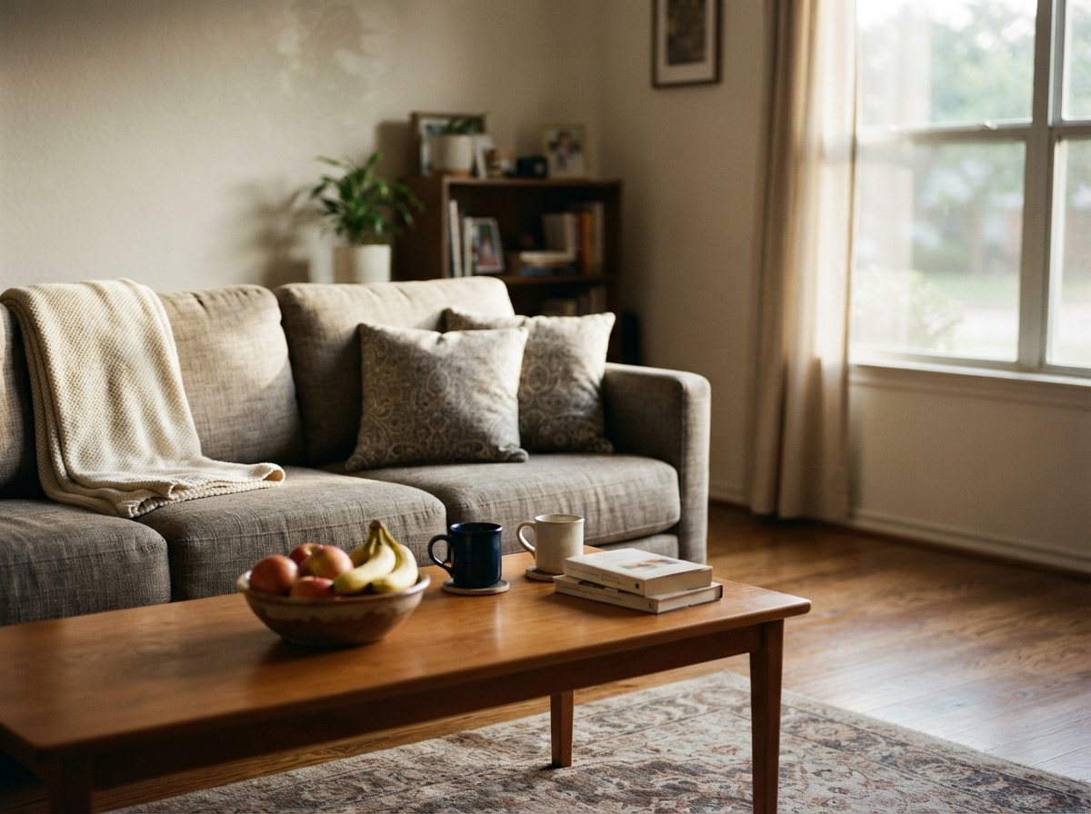 Sala de una casa ya entregada y en orden: cojines cuadrados en el sofá, manta doblada sobre el brazo, frutero y dos tazas en la mesa, piso con brillo leve de recién repasado, luz de tarde entrando por la ventana.