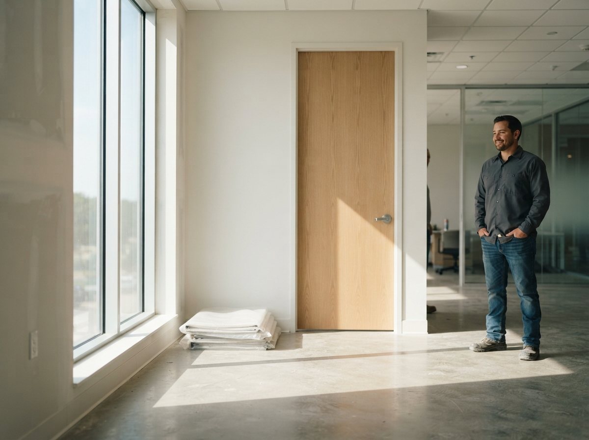 Habitación de fit-out comercial recién terminado y ya limpio: molduras y marcos nuevos sin polvo, cristal de ventana sin una veta con la luz atravesándolo, los últimos plásticos de protección doblados y apilados junto a la puerta, piso nuevo despejado.